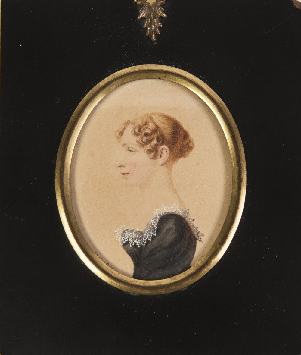 19TH CENTURY WATERCOLOUR SILHOUETTE PORTRAIT MINIATURE OF A YOUNG LADY hair with bun 3" (7.6 cm)