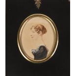 19TH CENTURY WATERCOLOUR SILHOUETTE PORTRAIT MINIATURE OF A YOUNG LADY hair with bun 3" (7.6 cm)