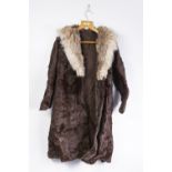 A LADIES DARK BROWN PONY FUR COAT, RABBIT FOLD OVER COLLAR, hook eye fastening, hidden front pockets