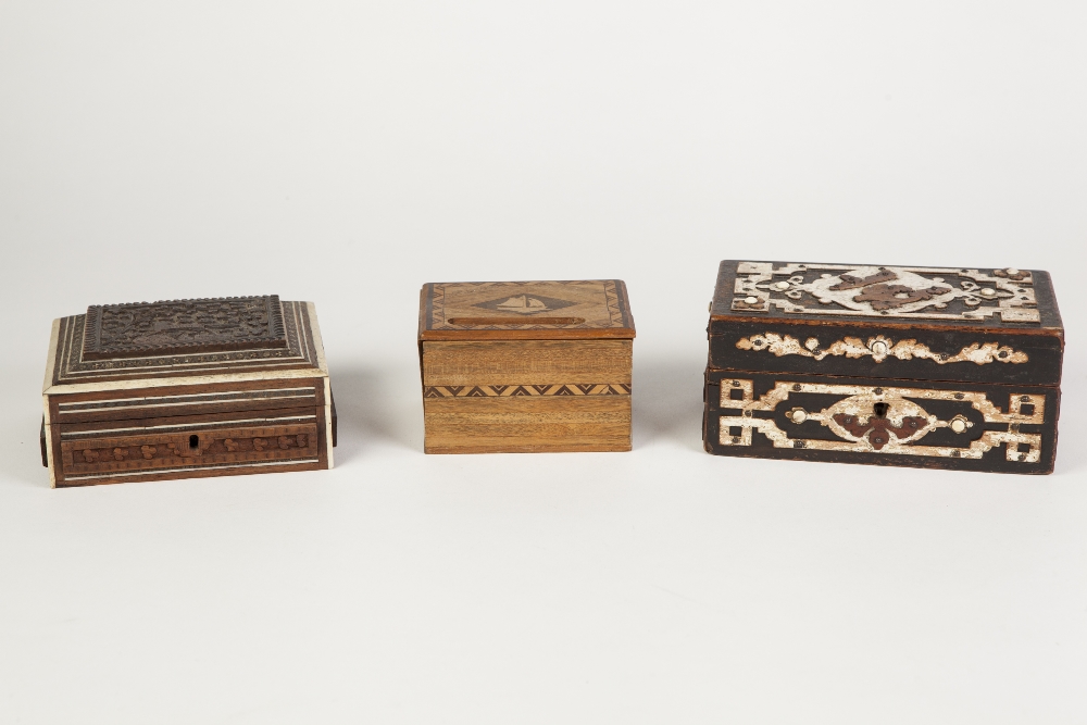 SIX VARIOUS WOODEN CIGARETTE BOXES one having spring loaded cigarette retrieval action another by - Image 2 of 2