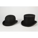 DUNN AND CO., LONDON, BLACK FELT BOWLER HAT, with crimson silk lining, a BLACK FELT TOP HAT (showing