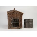 AGED WICKER CAT CARRIER, with wire grille and top carrying handle, 15 ½" (39.4cm) high, together