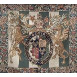 FOUR MODERN FRENCH MACHINE WOVEN TAPESTRIES, each with Medieval design, figures, inscriptions,