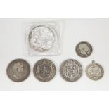 GEO IV SILVER CROWN COIN 1821 showing wear to high spots a GEO III HALF CROWN 1817 and two WILLIAM