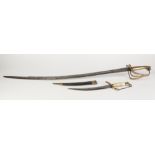 19TH CENTURY INDIAN SABRE curved blade with clipped back edge, 29 1/2" (75 cm) long brass hilt