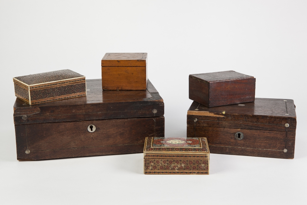 TWO VICTORIAN ROSEWOOD AND MOTHER OF PEARL INLAID PORTABLE WRITING SLOPES, both a/f, together with a