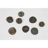 SEVEN VARIOUS ROMAN BRONZE/COPPER SMALL COINS and a small AVERY 50 GRAMS BRONZE WEIGHT (8)