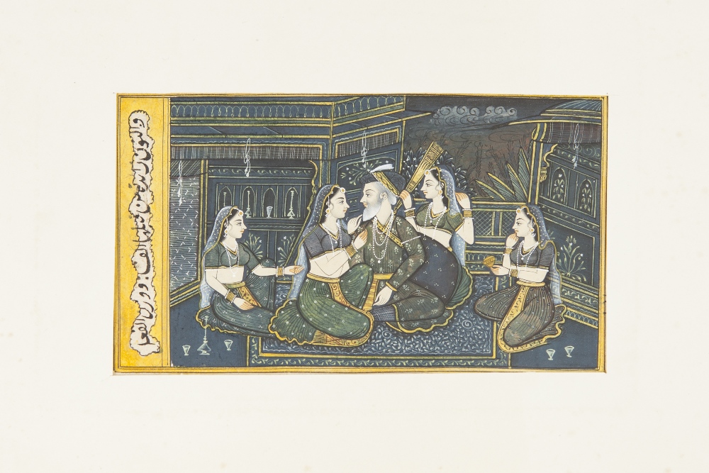 INDO-PERSIAN GOUACHE AND GILT MINIATURE PAINTING ON PAPER with Arabic text depicting an interior