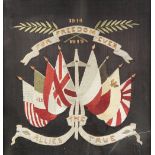 SILKWORK PICTURE COMMEMORATING WORLD WAR I showing flags of the eight allies, and ribbons with