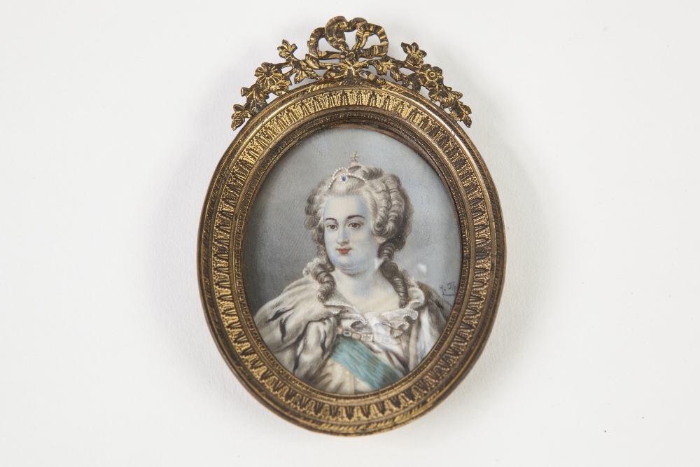 M.J. NAISBY OVAL PORTRAIT MINIATURE ON IVORY Lady in Seventeenth Century atttire and blue sash in