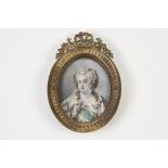 M.J. NAISBY OVAL PORTRAIT MINIATURE ON IVORY Lady in Seventeenth Century atttire and blue sash in