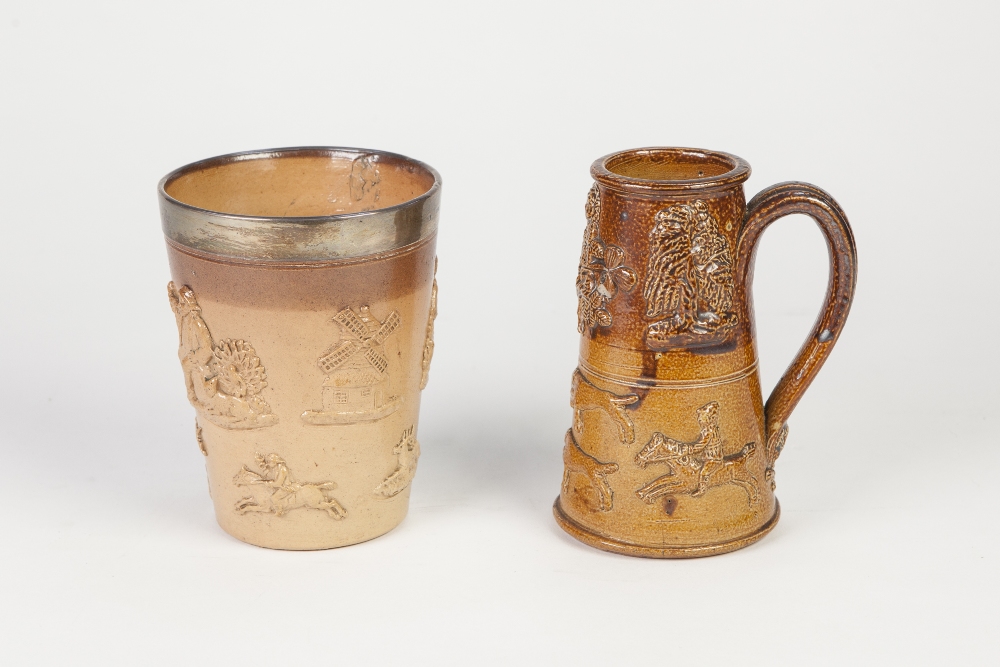 PROBABLY DOULTON LAMBETH, SALT GLAZED POTTERY BEAKER VASE WITH SILVER COLLAR, typically decorated