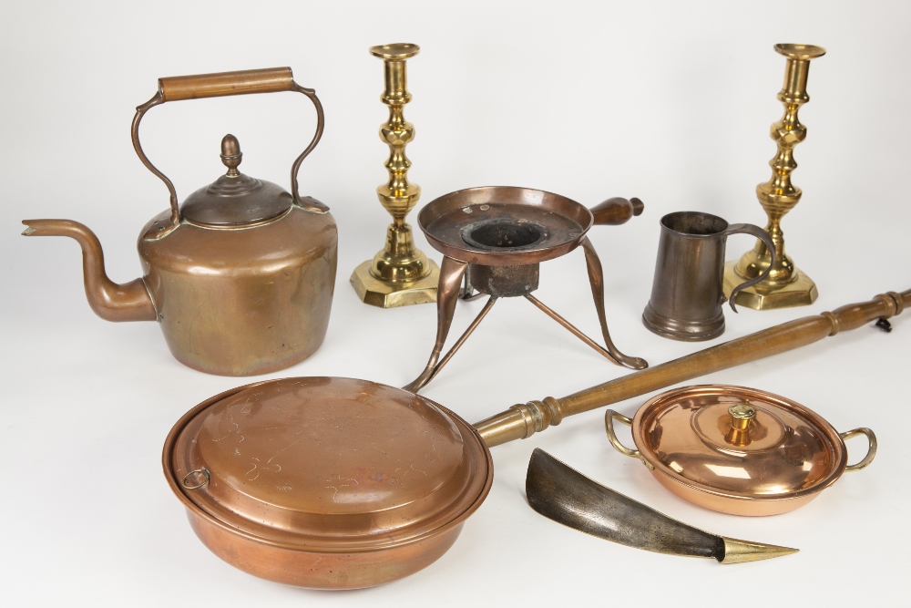 METAL WARES, MIXED LOT, including a COPPER KETTLE WITH STAND, PAIR OF BRASS CANDLESTICKS, 12" (30.