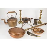 METAL WARES, MIXED LOT, including a COPPER KETTLE WITH STAND, PAIR OF BRASS CANDLESTICKS, 12" (30.