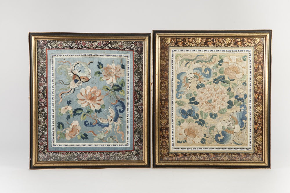 TWO JAPANESE HAND WORKED SILK PANELS, each worked in colours with near matching designs of flowers