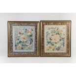 TWO JAPANESE HAND WORKED SILK PANELS, each worked in colours with near matching designs of flowers