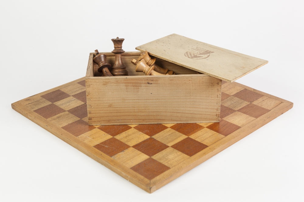 HENRI CHAVET CARVED AND STAINED HARD WOOD CHESS SET, Staunton pattern, height of king 3 1/4" (8.