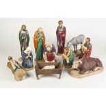 GOOD CIRCA 1920's/30's PAINTED PLASTER NATIVITY GROUP, SOME PIECES STAMPED 'MADE IN ENGLAND' to