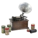 CIRCA 1900 OAK CASED THOMAS A EDISON PHONOGRAPH with replacement metal horn and twenty two boxed