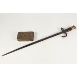 FRENCH, LATE 19th CENTURY, BAYONET having single edge pointed blade,down scroll quillon brass and