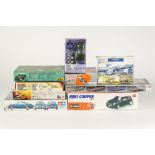 SIX PLASTIC KITS, VARIOUS MAKERS to include Academy 1:800 scale Bismarck, Heller 1:43 Land Rover and