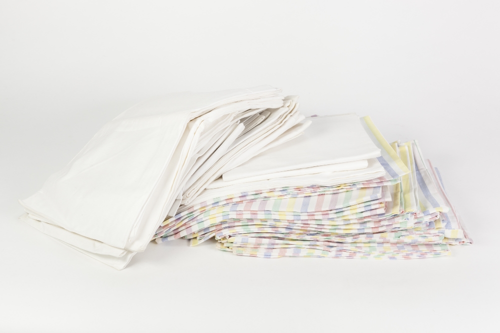 20 WHITE COTTON UNUSED PILLOW CASES AND 20 COTTON UNUSED PILLOW CASES WITH PALE COLOURED STRIPES AND