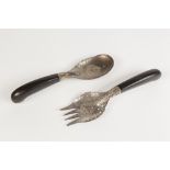 FAR EASTERN SILVER SERVING FORK AND MATCHING SPOON, pierced and engraved with lily flowers and