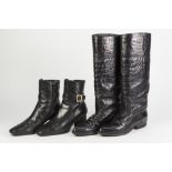 PAIR OF LADY'S POLLINI ITALIAN BLACK LEATHER MOCK CROCODILE KNEE LENGTH BOOTS, SIZE 39 (6 1/2) AND A