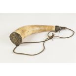 19th CENTURY HORN AND BRASS MOUNTED POWDER HORN with brass roundel pattern end cap and brass