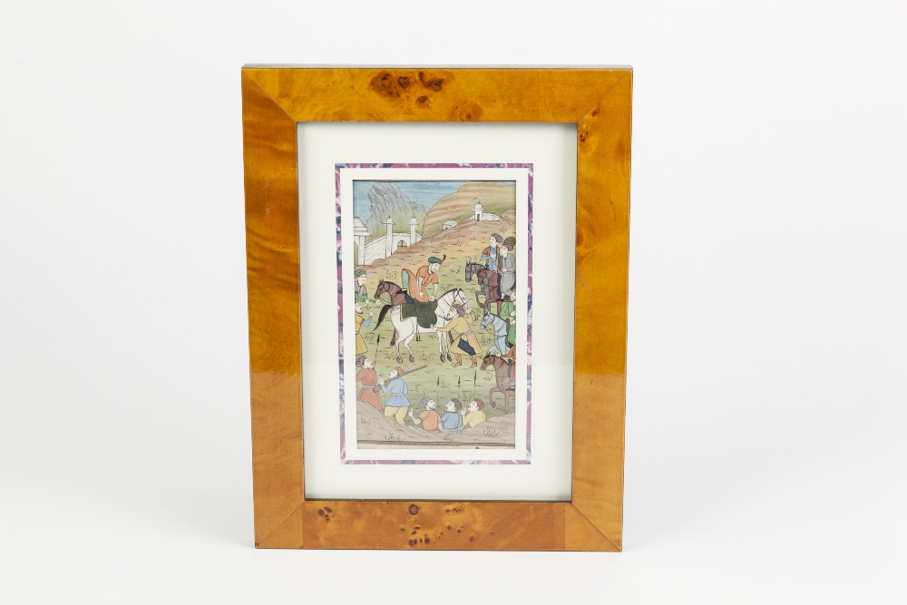 A SMALL TWENTIETH CENTURY INDIAN GOUACHE ON PAPER DRAWING Figures on horseback, with figures in