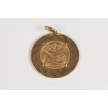 QUEEN ELIZABETH II GOLD SOVEREIGN 1959 (VF) in a 14ct GOLD TEXTURED CIRCULAR MOUNT as a pendant,