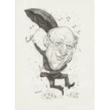 MICHAEL CUMMINGS (1919-1997) PEN AND INK Political caricature of Gerald Kaufman holding a newspaper,
