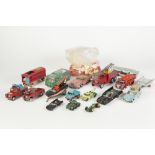 SUNDRY PLAYWORN DIE CAST TOY VEHICLES to include Corgi toys plastic Bat-Boat on trailer, Corgi Major