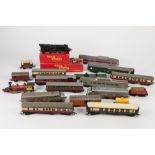 TWO HORNBY DUBLO LITOGRAPH TIN PLATE PASSENGER COACHES maroon and maroon and cream with bright metal