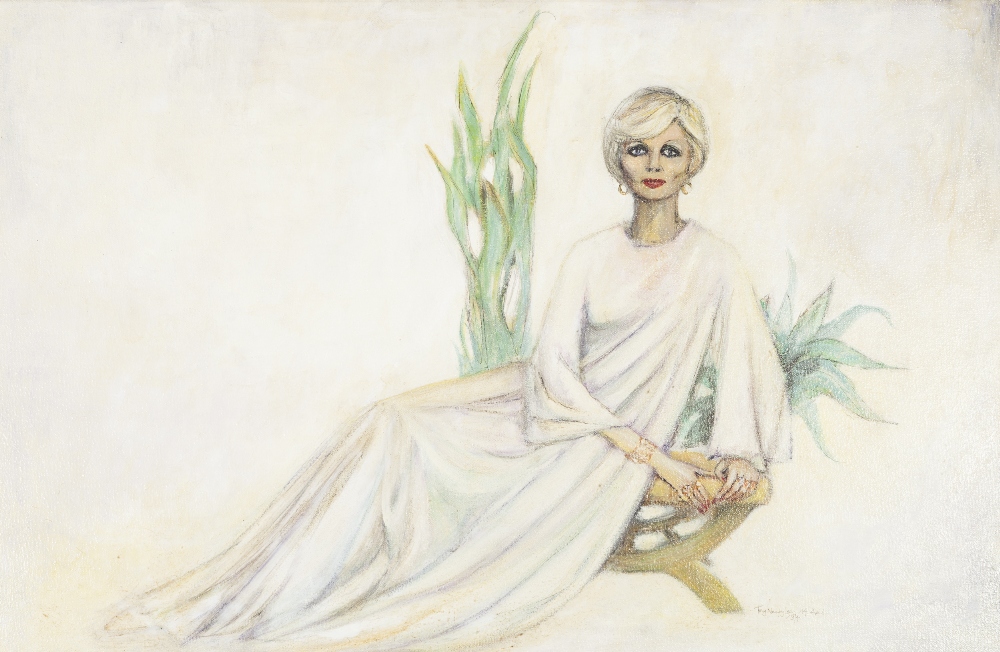 TONY NEWBY LEE OIL PAINTING ON CANVAS PORTRAIT OF SHEELAH WILSON Seated wearing a full length