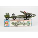 GORZAN, SPAIN, MINT AND BOXED TIN PLATE MODERN MILITARY ARTICULATED LOW LOADER, MODEL No 2017,