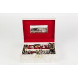 JEWELLERY BOX WITH FITTED LIFT-OUT TRAY CONTAINING A QUANTITY OF COSTUME JEWELLERY, TWO LADIES