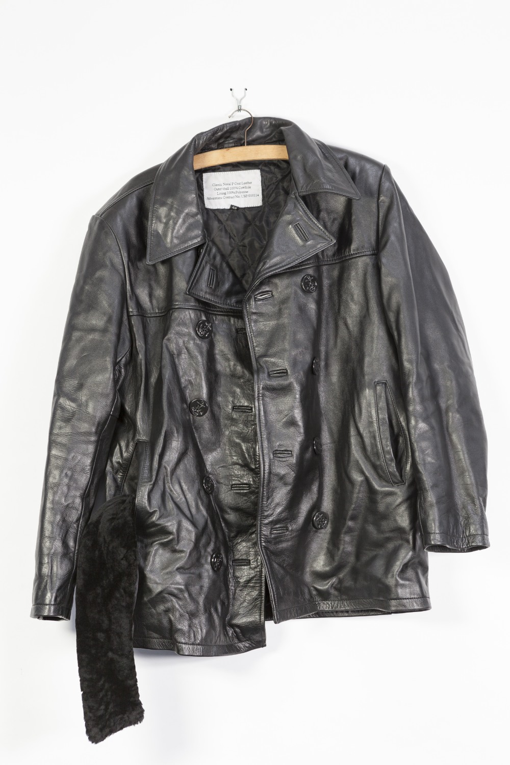 GENT'S BLACK LEATHER JACKET bears label 'Classic Naval P Coat _ _ _ _ _ Silvermans contract No USP/