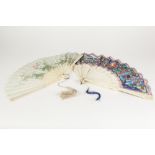 GOOD QUALITY EARLY TWENTIETH CENTURY CANTON CHINA CARVED IVORY AND PAINTED FABRIC BRISE FAN, the two