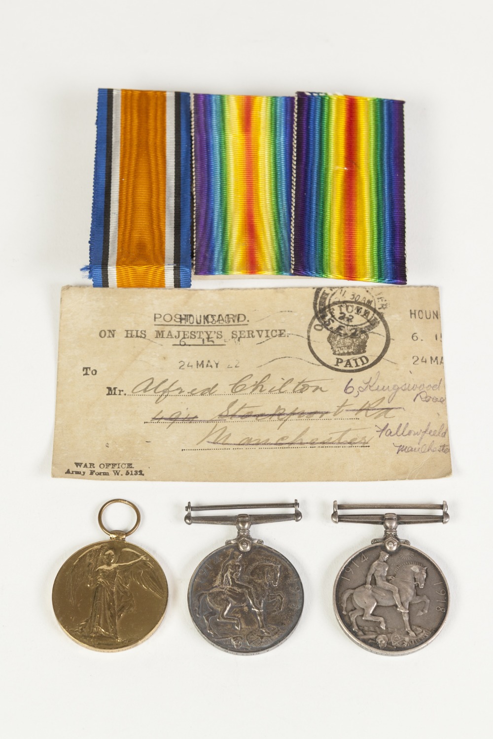TWO GEO V WORLD WAR I SERVICE MEDALS AWARDED TO 35745 PTE. A. Chilton K.S.L.I. viz 1914-18 War medal