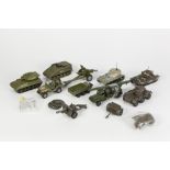 ELEVEN MAINLY DINKY TOYS DIE CAST MILITARY VEHICLES AND GUNS IN PLAYWORN CONDITION, to include Corgi