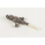 DOUBLE SIDED EMBOSSED SILVER OWL AND MOTHER OF PEARL TEETHING RATTLE with suspension ring and