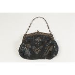 EARLY TWENTIETH CENTURY LADIES SILK FABRIC EVENING BAG WITH FANCY 800 MARK SILVER FRAME, with