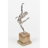 ART DECO SILVER PLATED FEMALE FIGURE, modelled in stylised pose, and raised on a square, stepped,