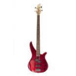 YAMAHA 4 STRING BASS ELECTRIC GUITAR, Model N89 with three volume and tone control knobs, crimson