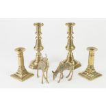 PAIR OF ANTIQUE BRASS CANDLESTICKS, with ejectors, knopped columns, square bases with canted