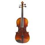 UNBRANDED VIOLIN, with 14 1/4" two part back, with bow and black fibre case