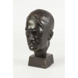 BLACK FINISH CAST METAL BUST OF 'ADOLPH HITLER', on rectangular base, 8" high