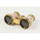 PAIR OF PINK ENAMELLED GILT METAL LEMAIRE OPERA GLASSES, with mother of pearl mounted eye pieces