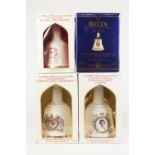 FOUR BOXED BOTTLES OF ROYAL COMMEMORATIVE BELL'S SCOTCH WHISKY IN BELL SHAPED POTTERY DECANTERS,